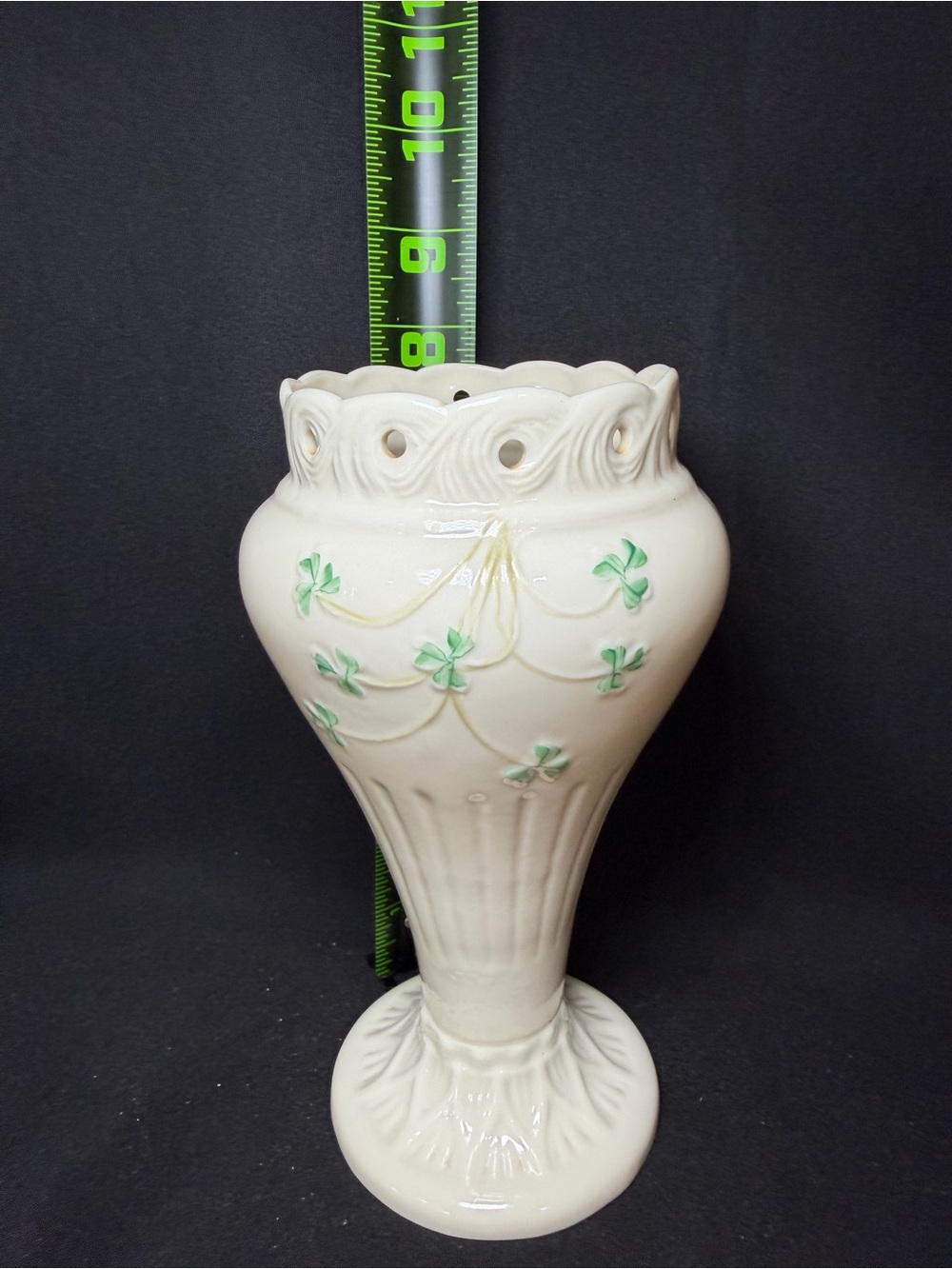 Belleek Shamrock Clover Scalloped Rim Footed Vase Ireland